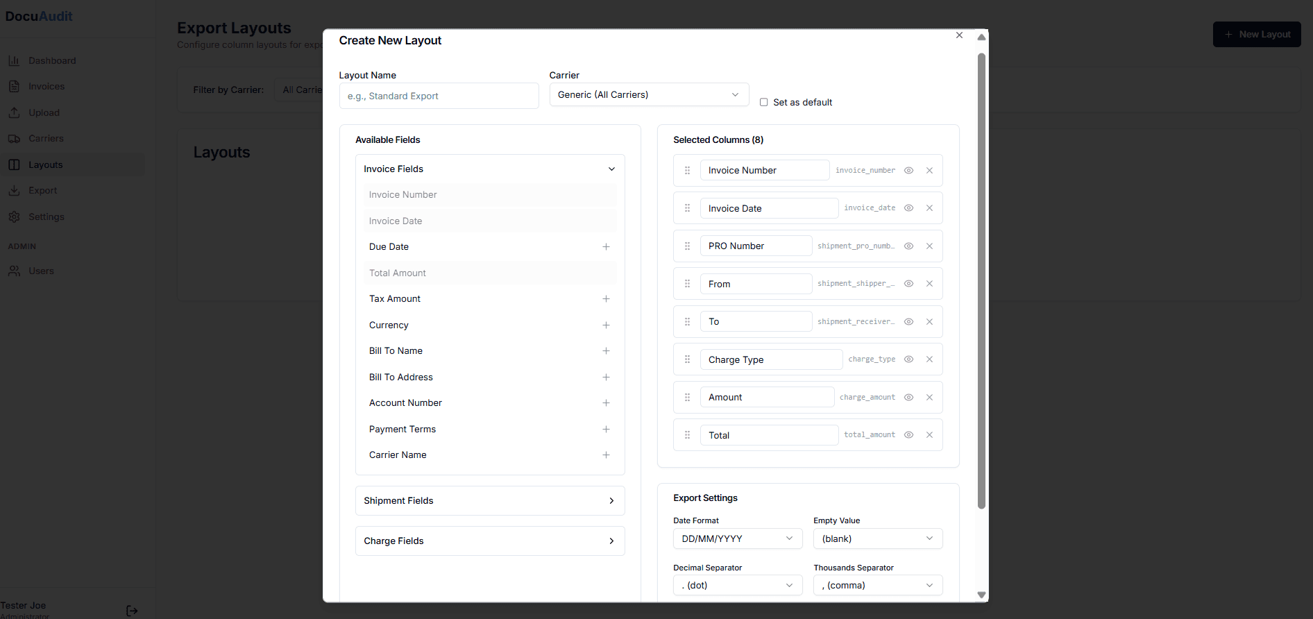 Custom export layouts